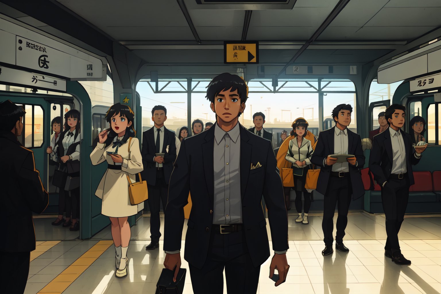 Crowded train station, busy hours, metropolitan city, train station background, dynamic lighting, realistic, mass people, various professions, all genders, anime style, manga style, colorfull