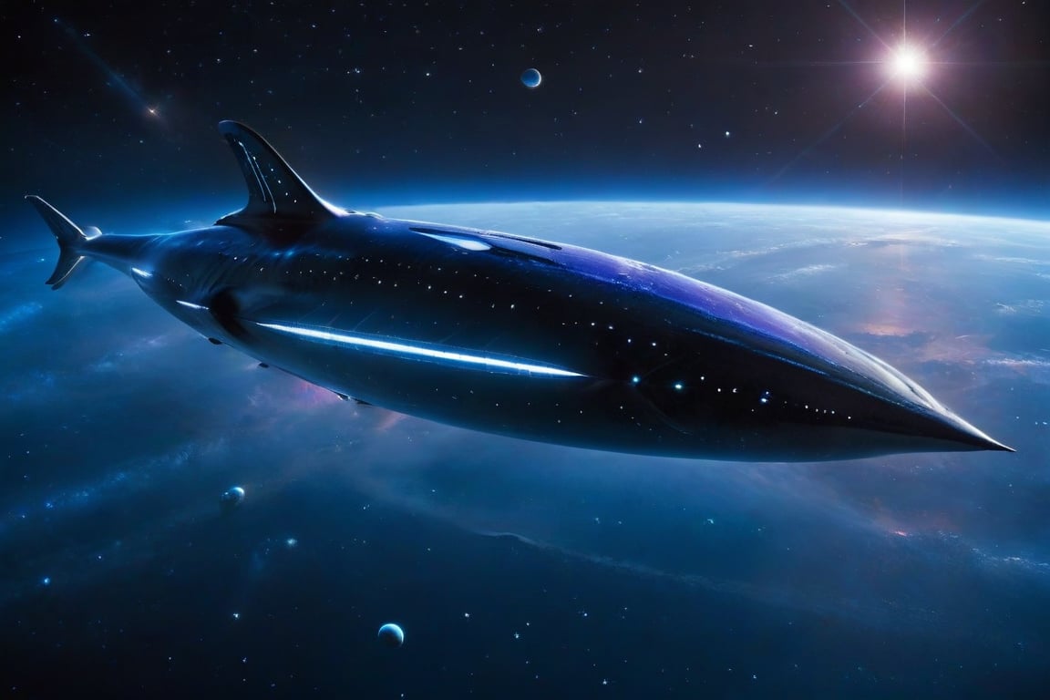 A majestic spacecraft, glides through the galaxy's twilight horizon, its curvaceous body resembling a majestic whale. The starboard fin stretches like a dorsal fin, while the portside thrusters evoke the gentle undulation of a whale's tail. Soft, ethereal light illuminates the ship's translucent hull, as if reflecting the bioluminescence of deep-sea creatures.,Starship