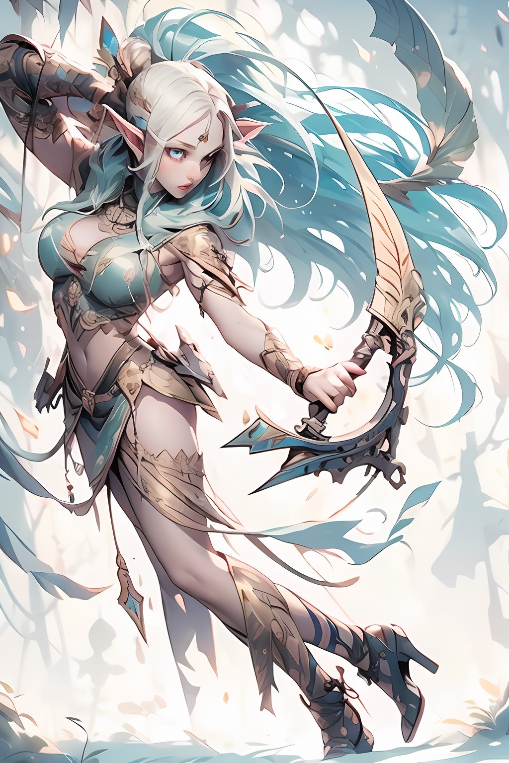 (8k, best quality, masterpiece:1.2), (detailed skin and skin pores), (high definition face:1), (detailed face), soft light, exposure blending, (intricate details), (((surreal))), 1girl, ((solo)), elf, pointy ears, (full body), focused expression, big breasts, (bow and arrow), bow, arrow, gloves, medieval, skirt, forest bushes background, floating, tube crop top, night,detailed finger, detailed hands,detailed eyes,drow,RedHoodWaifu