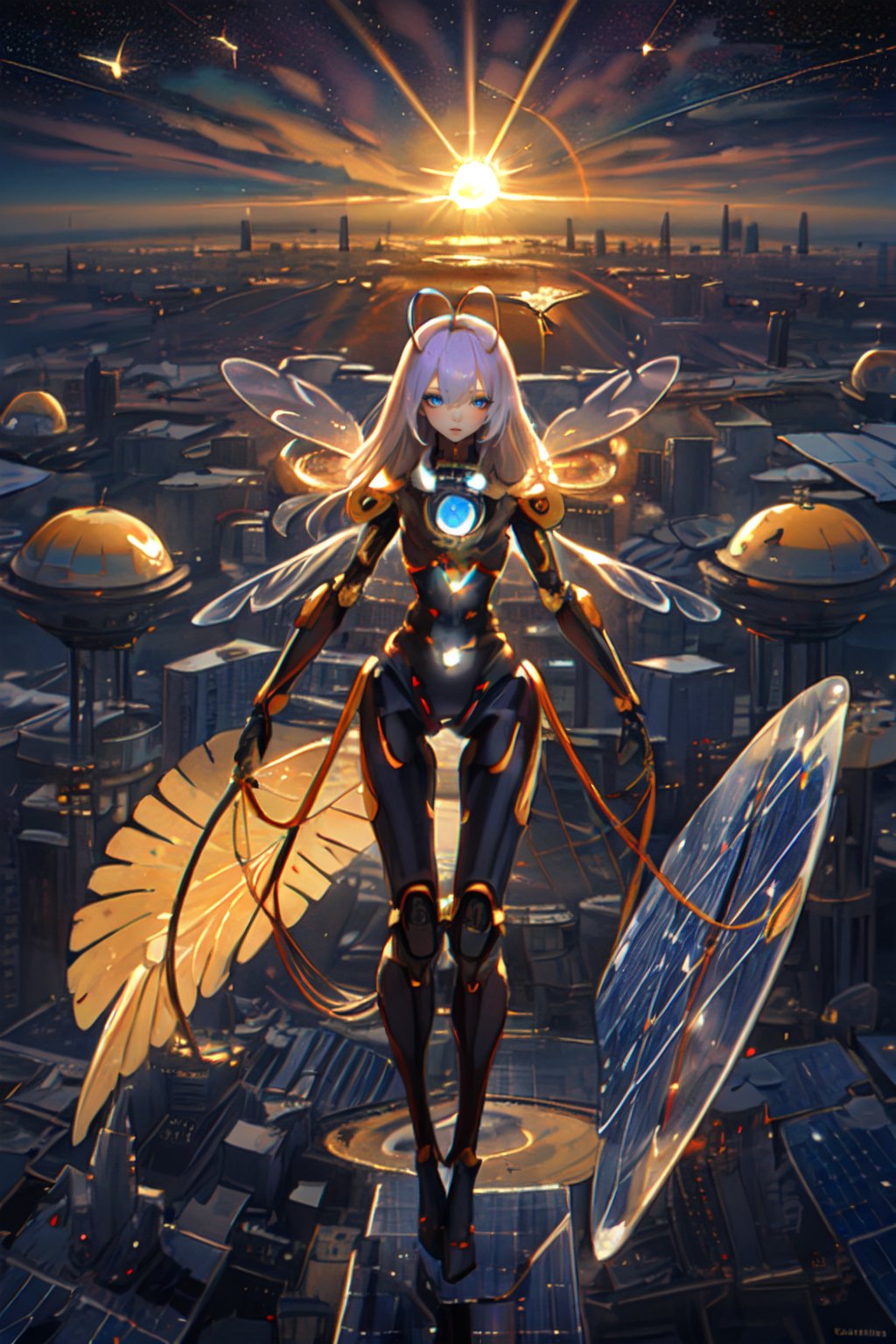 ((Masterpiece)), ((Best Quality)), Ultra-Detailed, advanced technology, extraterrestrial humanoid insect girl with thin neck and antenna, thin arms, hand with few fingers transparent slender body thin legs, detailed face, detailed eyes, doing photosynthesis on outer space, huge wing transparent solar panel, floating, absorb sun rays, bathing sun rays