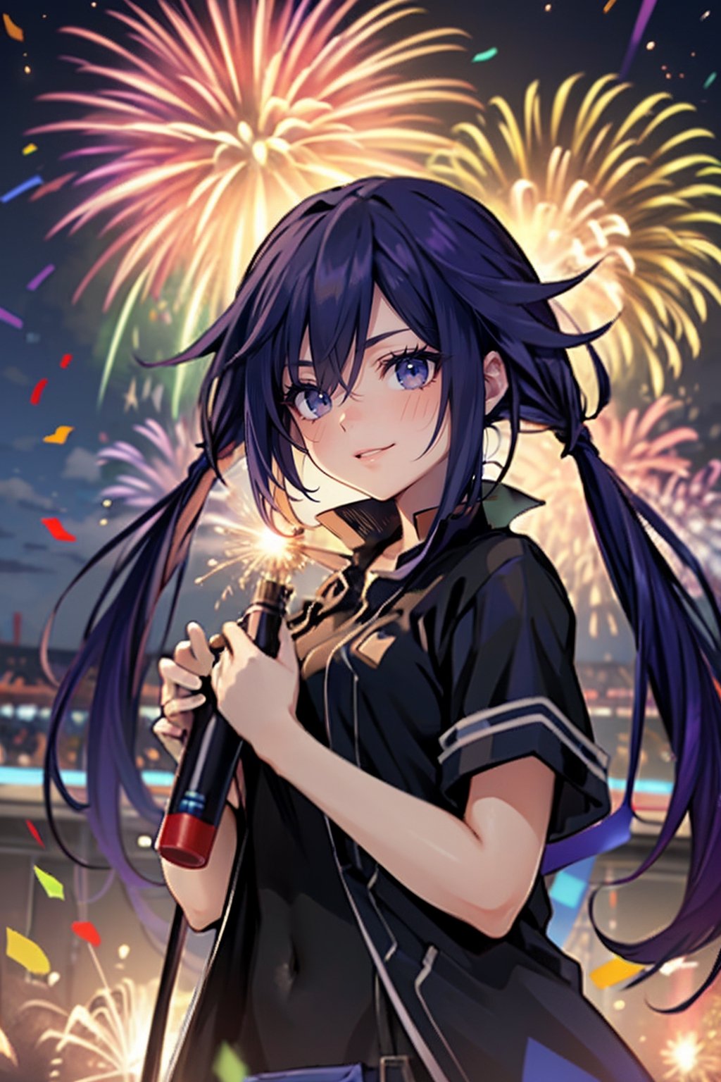 Beautiful girl with long black and purple twin tails celebrating, Happy new year! 2024 banner, fireworks over head, confetti, ribbons, colorful laser light show, 8k masterpiece, ultra realistic, UHD, highly detailed, best quality,