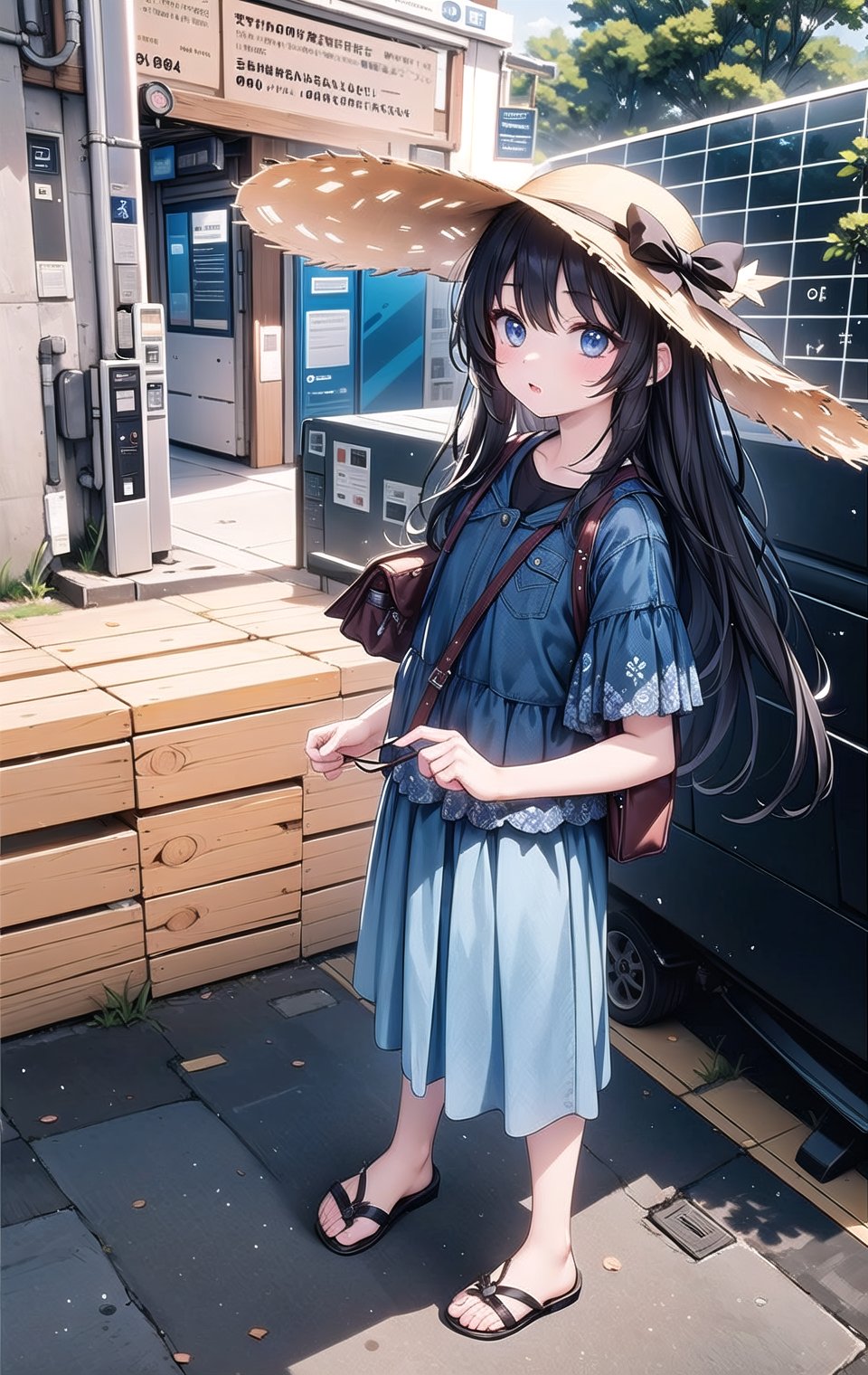1girl, solo, long hair, looking at viewer, blush, bangs, blue eyes, skirt, shirt, black hair, hat, closed mouth, standing, full body, short sleeves, outdoors, day, bag, blue skirt, black shirt, sandals, hat ribbon, polka dot, ground vehicle, sun hat, long skirt, straw hat, train station, 8k, masterpiece, ultra realistic, UHD, highly detailed, best quality,Eyes,Beautiful eyes,multiple veiws,pov