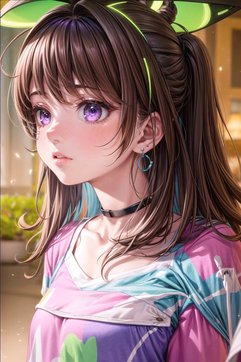 1girl, solo, long hair, light blush, bangs, blue and purple eyes, brown hair, jewelry, small breasts, collarbone, upper body, colorful tee shirt, earrings, choker, glowing, hair intakes, 8k masterpiece, ultra realistic, UHD, highly detailed, best quality,