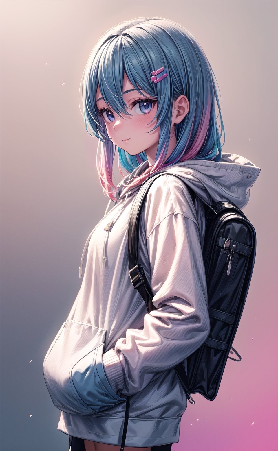 1girl, solo, long hair, looking at viewer, bangs, blue eyes, simple background, hair ornament, long sleeves, hair between eyes, very long hair, closed mouth, blue hair, jacket, upper body, pink hair, multicolored hair, hairclip, hood, bag, from side, two-tone hair, looking to the side, hoodie, gradient hair, pink background, backpack, hood down, hands in pockets, izumi sagiri, 8k, masterpiece, ultra realistic, UHD, highly detailed, best quality,full background