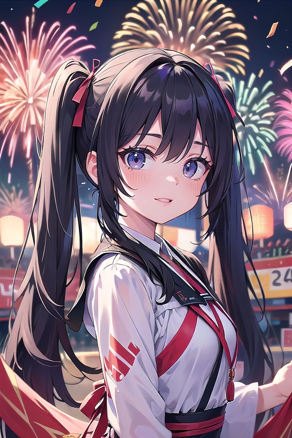 Beautiful girl with long black and purple twin tails celebrating, Happy new year! 2024 banner, fireworks over head, confetti, ribbons, colorful laser light show, 8k masterpiece, ultra realistic, UHD, highly detailed, best quality,