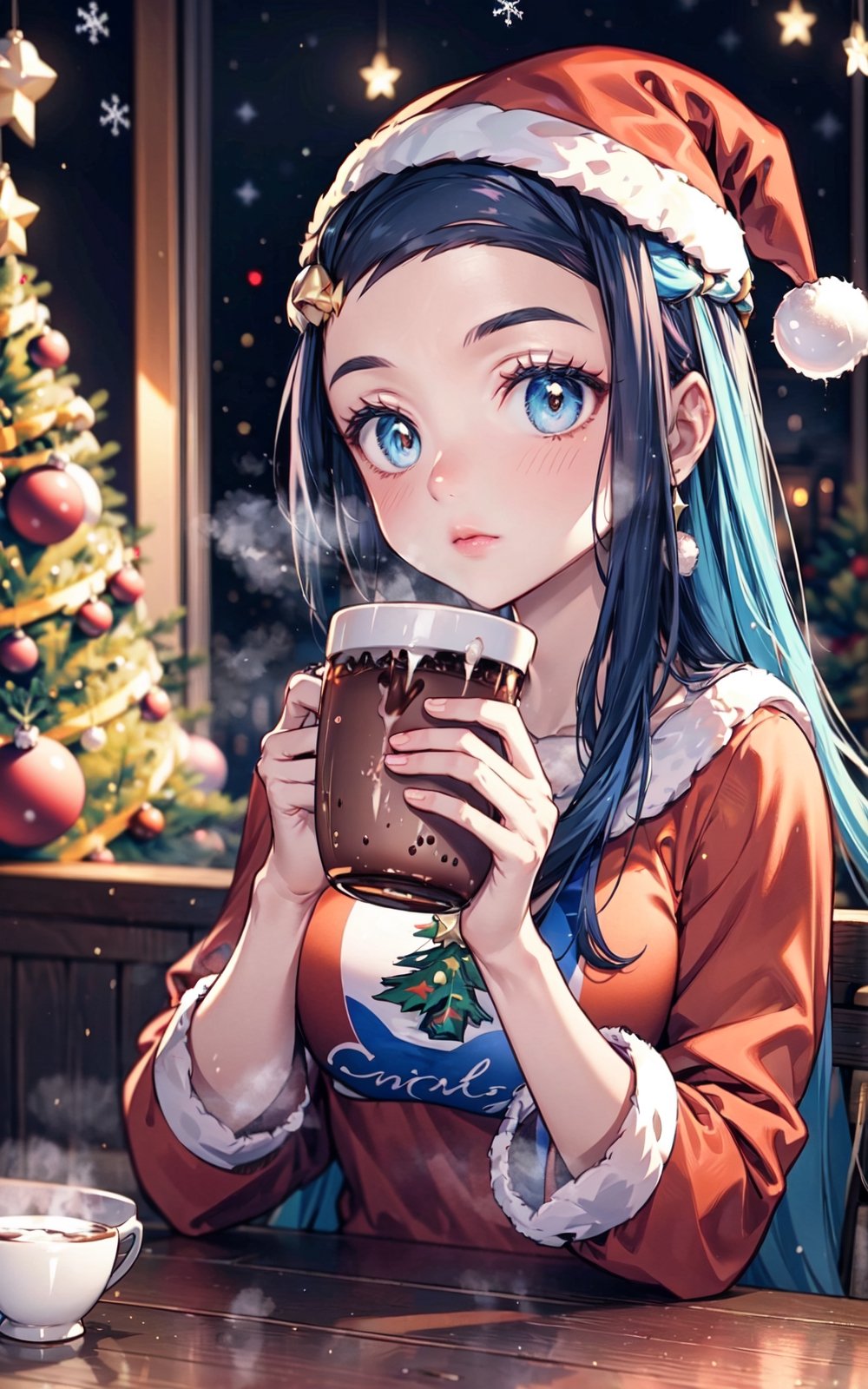  Nessa from pokemon wearing a Santa's outfit, drinking a steaming cup of hot cocoa, lights and decorations are hung on the christmas tree, 8k masterpiece, ultra realistic, UHD, highly detailed, best quality,Christmas