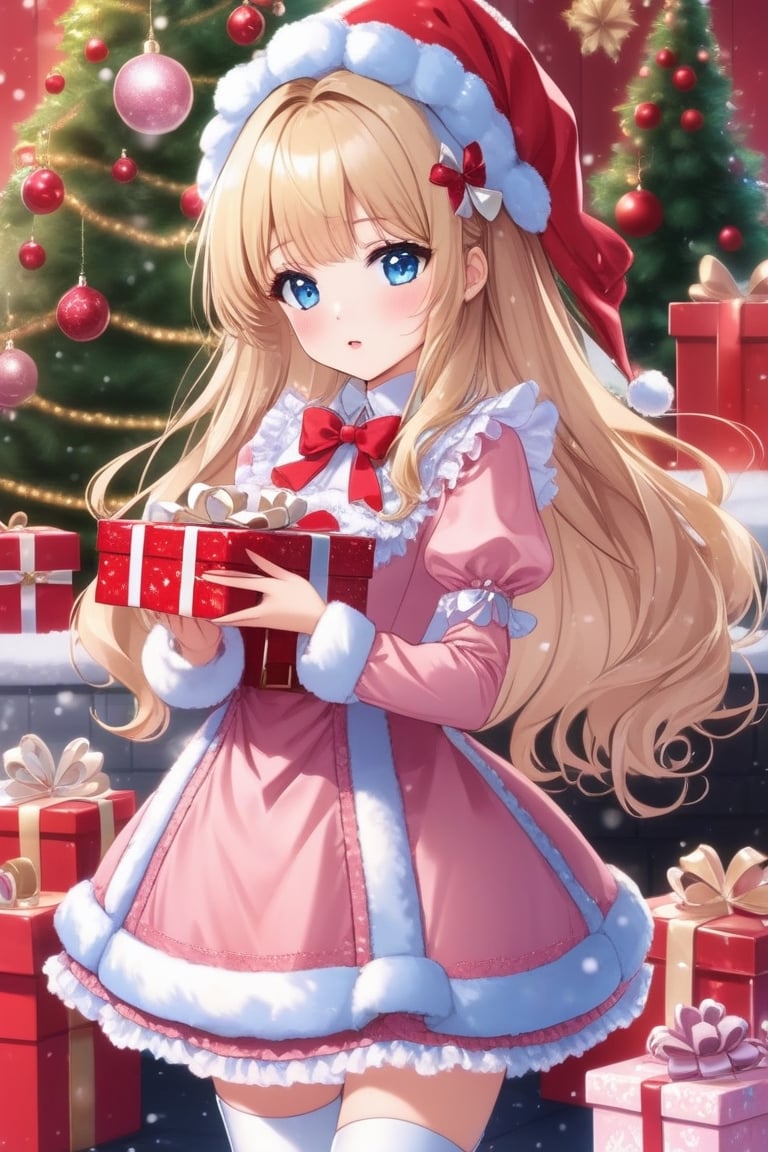 1girl, solo, elegant hair (upper body: 1.1),filmg , sweet_lolita, Best quality, masterpiece, blond hair, blue eyes, Exquisite mouth,Very detailed face, blush, Shiny wet skin,  Pink lips, Delicate lips, Wearing santa outfit and thigh high boots, christmas background with presents, back view