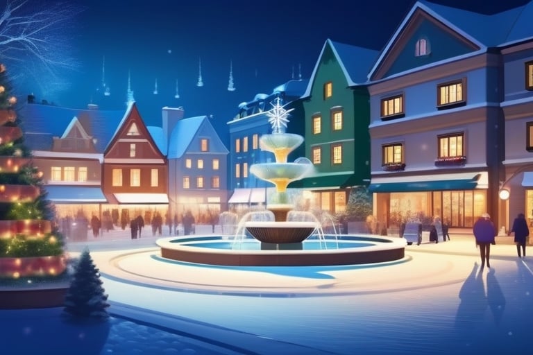 snowy christmas night,design, holiday village with christmas tree in the center square, frozen water fountain, holidat decor on all the building,  fluffy snow on the ground, ground view