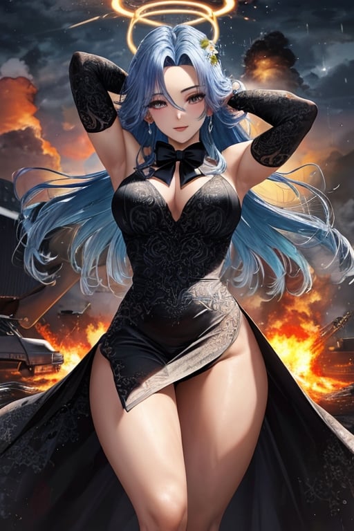 masterpiece, exquisite, {beautiful and meticulous girl}, beautiful and detailed halo, (fire of war: 1.2), (nuclear explosion behind: 1.3), rain, detailed lighting, detail water, (beautiful and detailed eyes: 1.1), glitter_force, palace, sky blue hair, scattered hair, long bangs, eyebrows, (black-gray dress: 1.1), black ribbon, white bow tie, upper abdomen, big forehead, flower, no sleeves, hands behind head