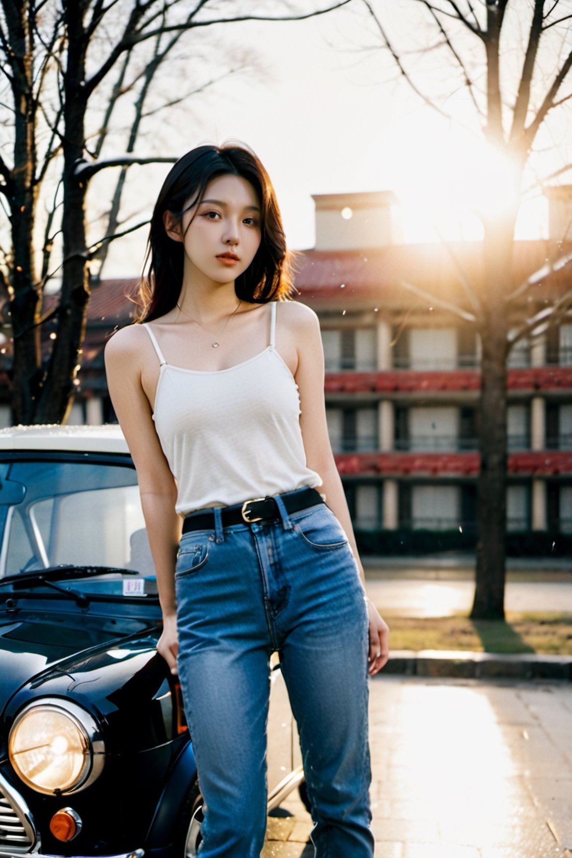 xxmix_girl, 1girl,19 years old,beautiful sexy korean girl ,wet body, seductive pose,sunset light, in front of an old mini cooper car,no smile,cool,falling_snow
