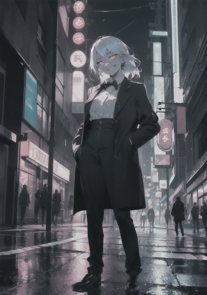 A mafia boss girl, sarcastic expression and a maniac smile, standing in a dimly lit city at night, neon lights reflecting off wet pavement, casting an eerie, cinematic glow