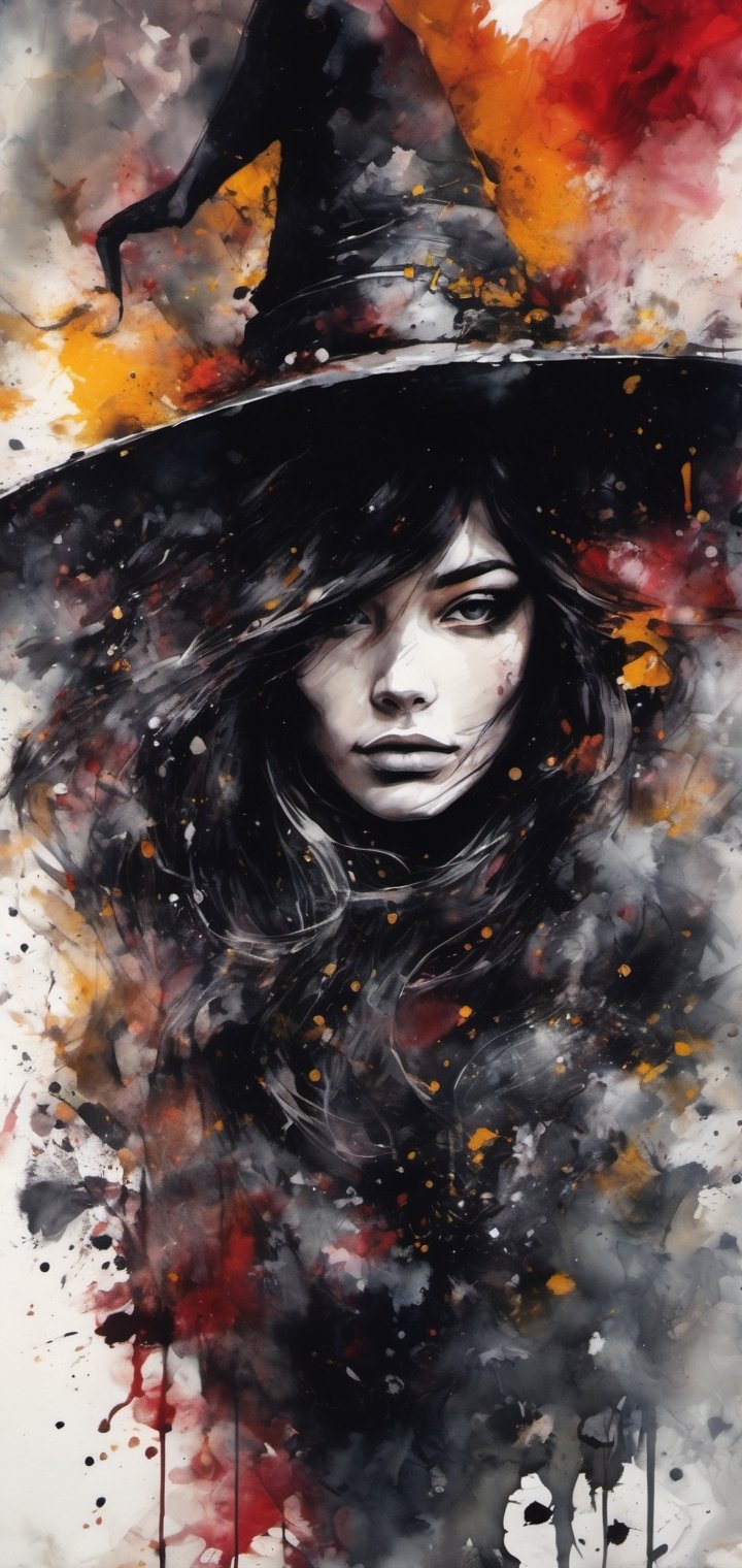 Highly detailed,  ultra intricate and abstract surrealist artwork of a witch girl covered in flowy smoke with a mix of acrylic,  watercolor and digital art styles. Uses paint splatters and paint smudges. Hints of dark red and brush strokes for dramatic effect. Black and white,  with gold and black stripes of manga style. Incorporate splashes of paint,  screen tones,  urban portraits and intense inking to create a visually captivating digital masterpiece.