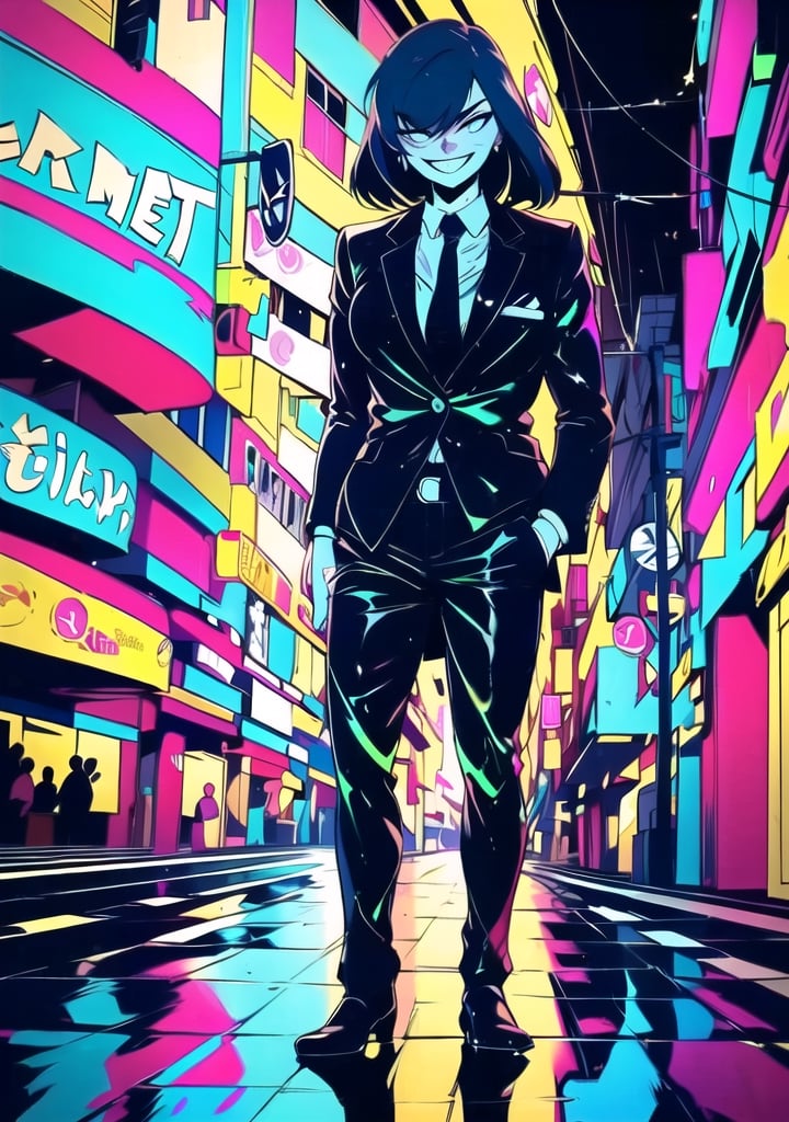A mafia boss girl, sarcastic expression and a maniac smile, standing in a dimly lit city at night, neon lights reflecting off wet pavement, casting an eerie, cinematic glow