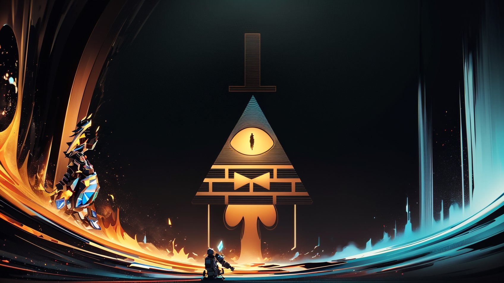 Hyper-detailed abstract art with colorful geometric elements, ((masterpiece with exceptional quality:1.5)), featuring a mesmerizing background composed of vibrant and varied geometric shapes. At the heart of this abstract wonder, Bill Cipher from Gravity Falls takes center stage, adding an enigmatic and surreal twist to the composition, Intricate, mesmerizing, top-tier quality, breathtaking, vibrant, meticulous, awe-inspiring, Geometric precision, ultra-high resolution, intense detail, captivating geometry