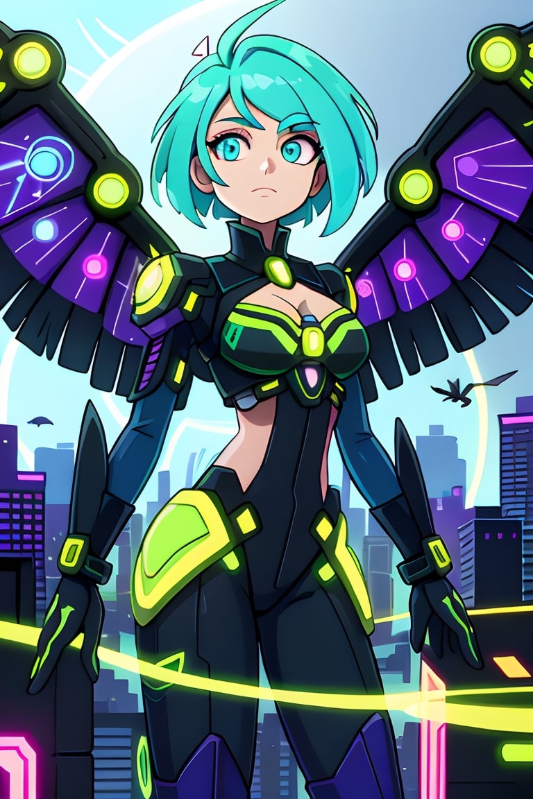 A vibrant, futuristic solarpunk harpy, ((enigmatic eyes)), neon-colored eyes, her wings adorned with intricate circuitry and glowing solar panels, perches atop a decaying skyscraper. The digital painting captures all the details of his metallic feathers, which contrast with the crumbling cityscape. The artist's skill is evident in the realistic textures and vibrant colors, which draw the viewer into this post-apocalyptic world.