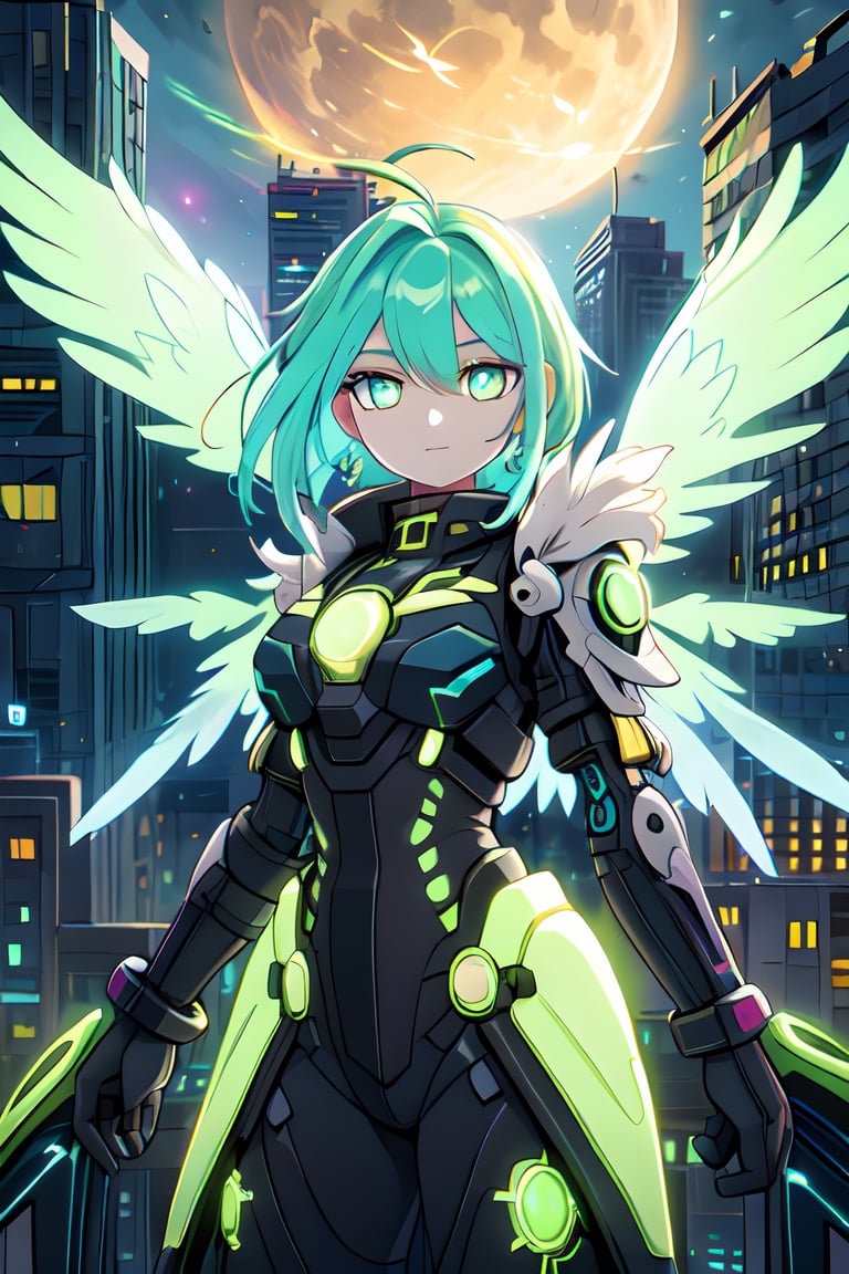 A vibrant, futuristic solarpunk harpy, ((enigmatic eyes)), neon-colored eyes, her wings adorned with intricate circuitry and glowing solar panels, perches atop a decaying skyscraper. The digital painting captures all the details of his metallic feathers, which contrast with the crumbling cityscape. The artist's skill is evident in the realistic textures and vibrant colors, which draw the viewer into this post-apocalyptic world.