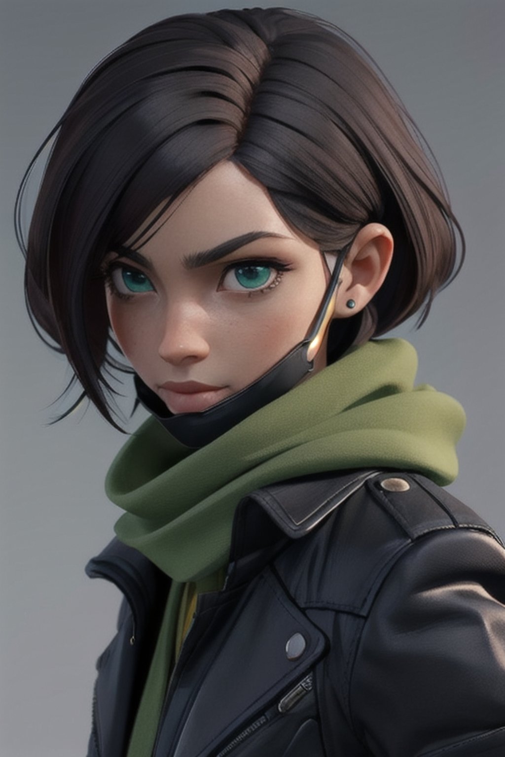 perfect face, perfect facial features, a serious-looking lady with black hair, dark jacket and green scarf, cloth face mask, anime 3d, unreal engine, style expressive