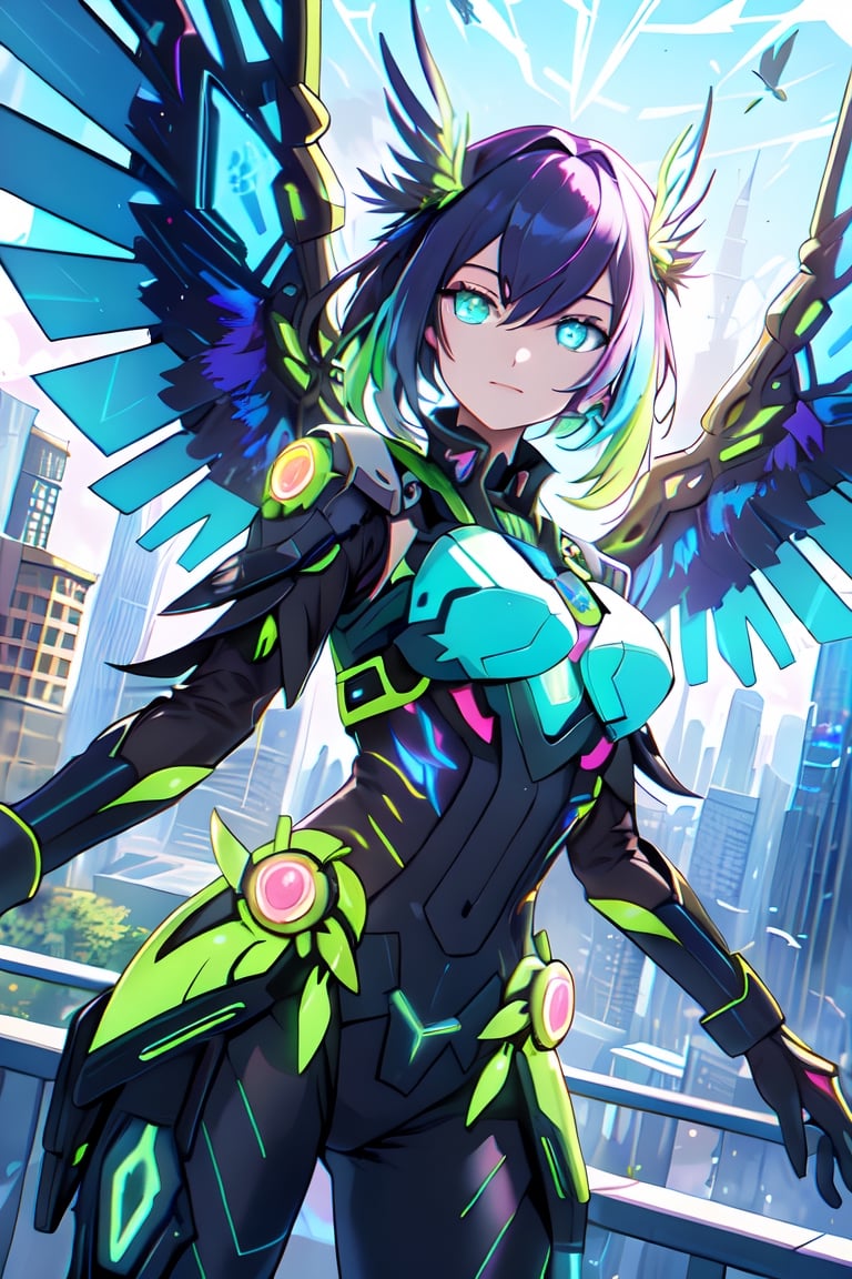 A vibrant, futuristic solarpunk harpy, ((enigmatic eyes)), neon-colored eyes, her wings adorned with intricate circuitry and glowing solar panels, perches atop a decaying skyscraper. The digital painting captures all the details of his metallic feathers, which contrast with the crumbling cityscape. The artist's skill is evident in the realistic textures and vibrant colors, which draw the viewer into this post-apocalyptic world.