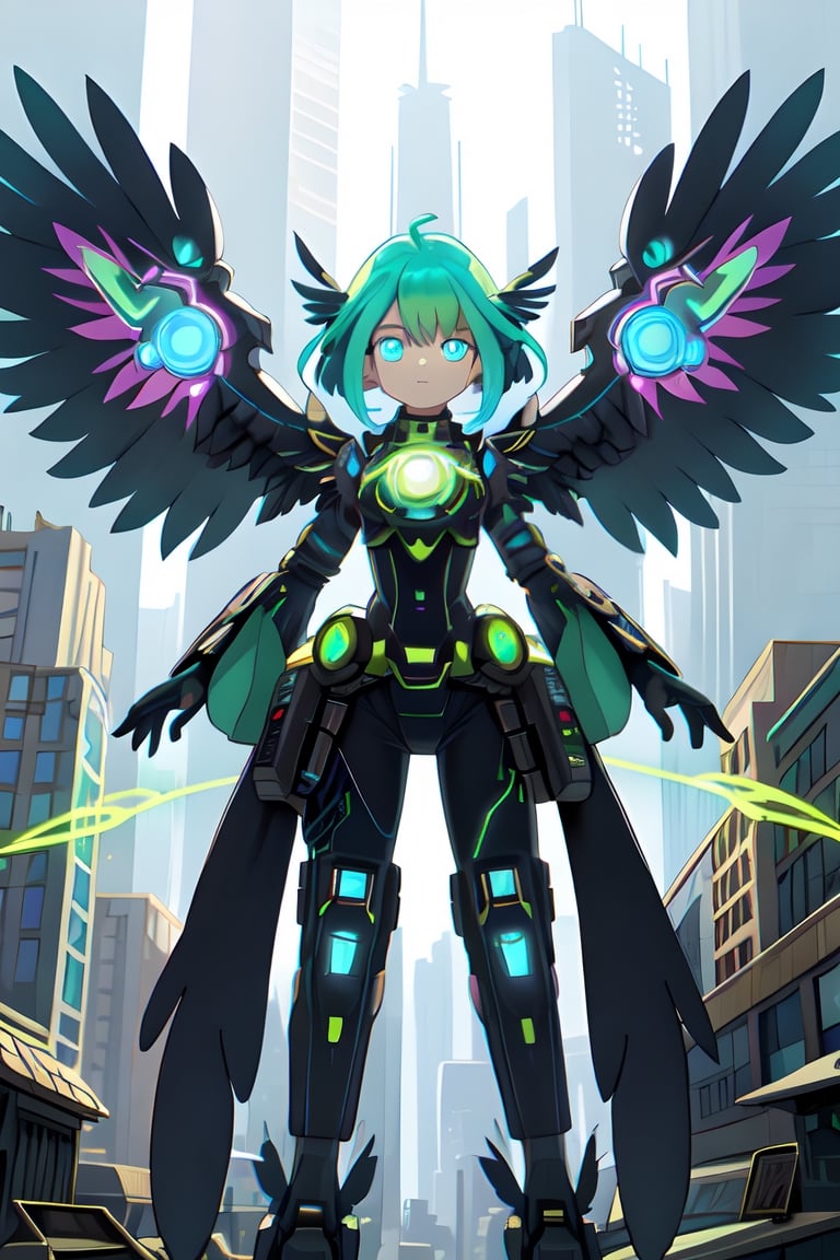 A vibrant, futuristic solarpunk harpy, ((enigmatic eyes)), neon-colored eyes, her wings adorned with intricate circuitry and glowing solar panels, perches atop a decaying skyscraper. The digital painting captures all the details of his metallic feathers, which contrast with the crumbling cityscape. The artist's skill is evident in the realistic textures and vibrant colors, which draw the viewer into this post-apocalyptic world.