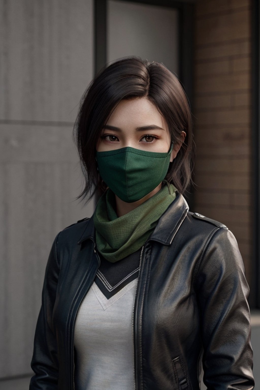 A serious-looking lady with black hair,  dark jacket and green scarf,  cloth face mask,  anime 3d,  unreal engine,  style expressive