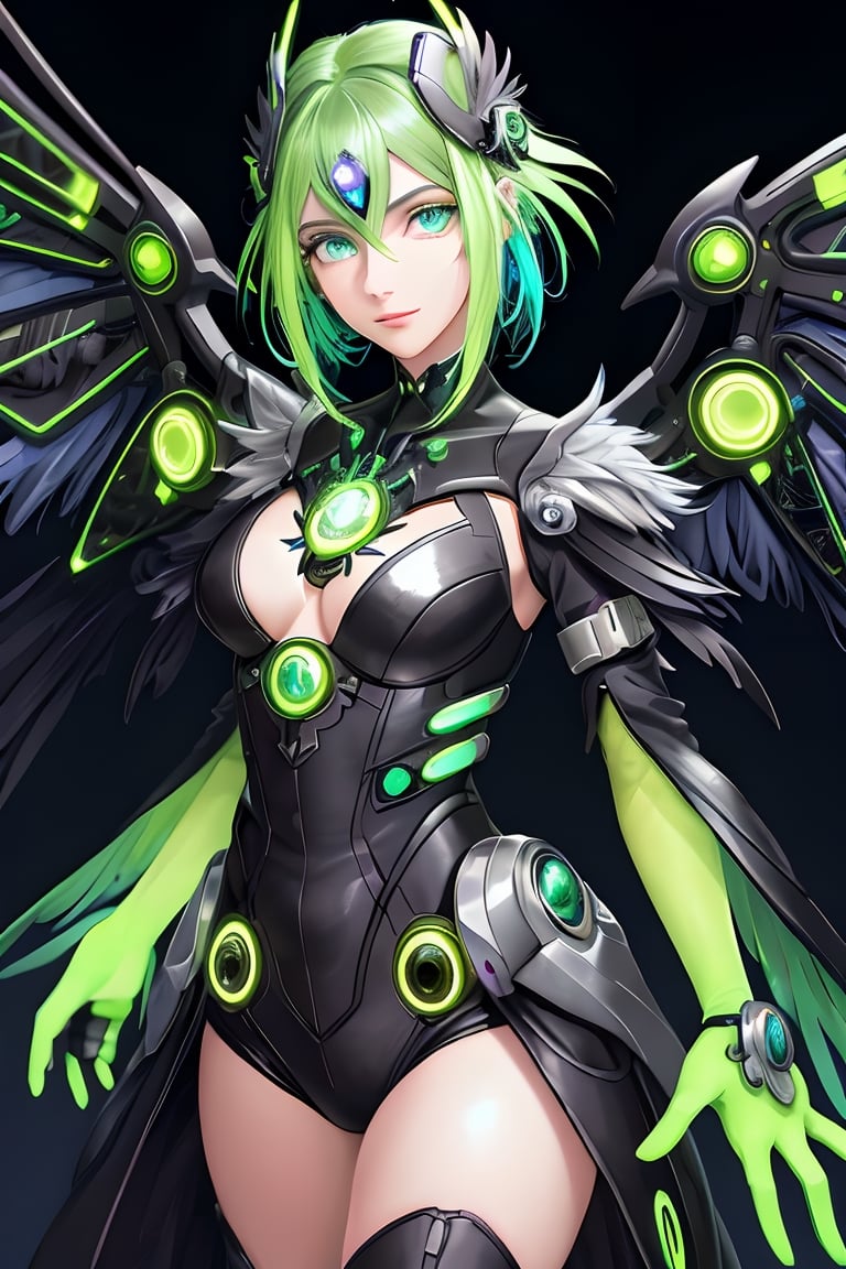 A vibrant and futuristic solarpunk harpy, ((enigmatic eyes)), her wings adorned with intricate circuitry and glowing solar panels, perches atop a decaying skyscraper. The digital painting captures every detail of her metallic feathers and neon-colored eyes, contrasting against the crumbling cityscape below. The artist's skill is evident in the lifelike textures and vibrant colors, drawing the viewer into this post-apocalyptic world.