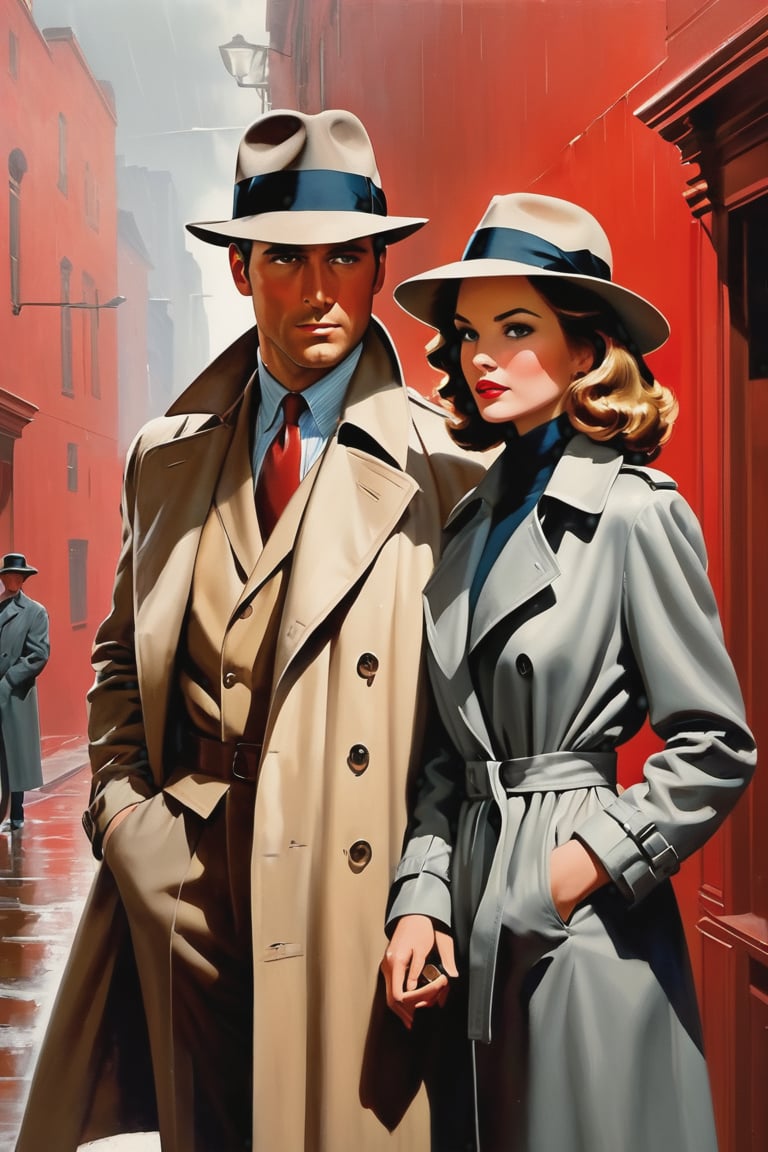 close up, an image of a color painting in the 1940's pulp-noir style, a handsome man in a beige trenchcoat and fedora and a beautiful woman in a gray raincoat are facing the viewer while they are standing against a red wall, a large shadow is falling over them and combine with their shadows on the wall, there is a look of fear on their faces, the painting should fill the limits of the entire image without any view of the environment that it is in, Barye Phillips, Robert McGinnis, Harry Schaare, Griffith Foxely