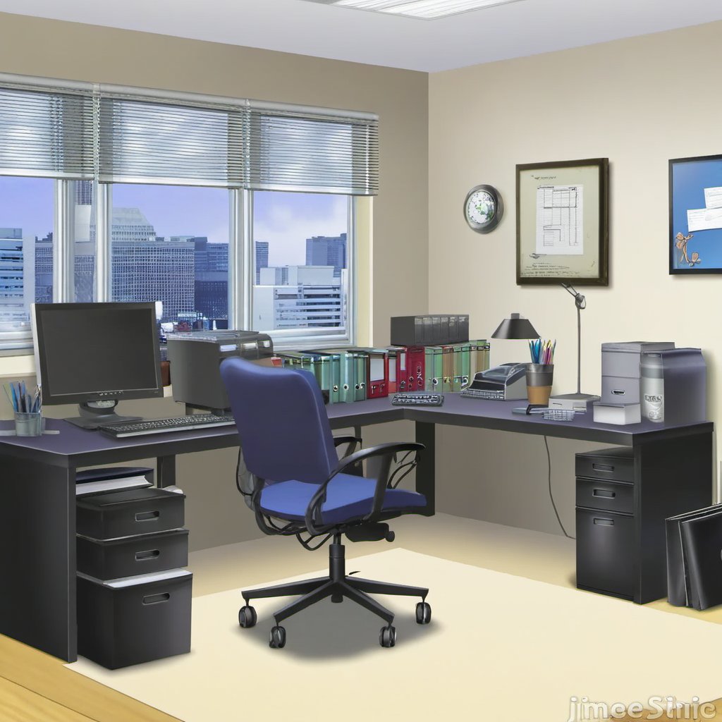 background,chair, computer, desk, indoors, monitor, no_humans, office_chair, scenery