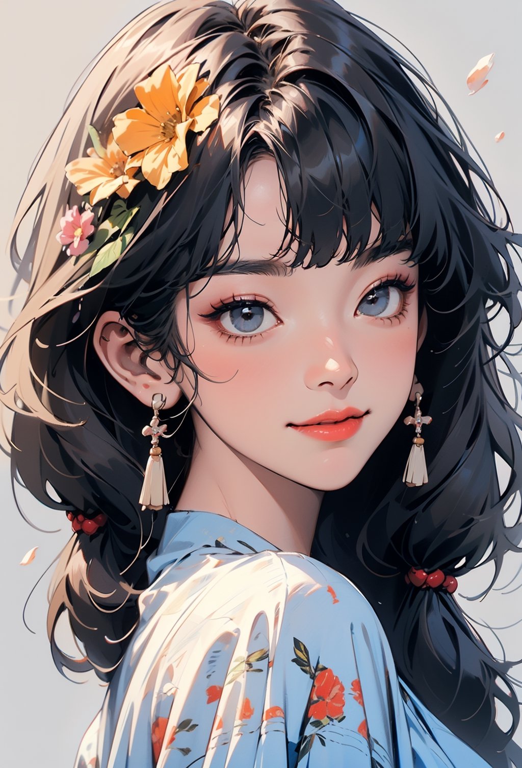 painterly anime artwork, Cute adorable Korea girl monolid black eyes  black hair twintail braids with straight bangs wear blue tshirt very cute innocent face realistic face smile cute makeup red eyeliner in Flower filled  background very detailed close up and  sharp gaze , masterpiece, fine details, breathtaking artwork, painterly art style, high quality, 8k, very detailed, high resolution, exquisite composition and lighting