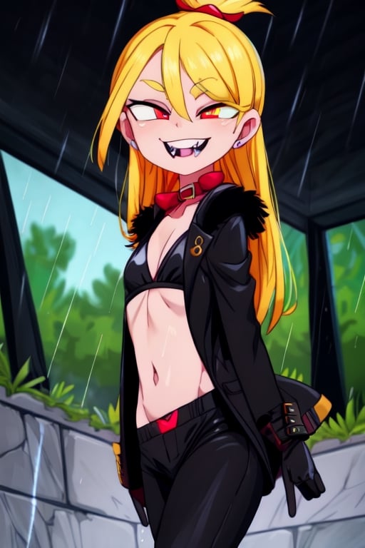 8k resolution, high resolution, masterpiece, long black scaly coat, open coat, yellow hair, white trickster mask,mocking smile painted on the mask,red smile, fanged smile,red eyes painted on the mask,squinted eyes, black gloves, black pants, arms thrown to the side, looking at the viewer, scarlet lightning in the background, rain, thunderstorm, the whole body in the frame, solo, detailed eyes, super detailed, extremely beautiful graphics, super detailed skin, best quality, highest quality, high detail, masterpiece, detailed skin, perfect anatomy, perfect hands, perfect fingers, complex details, reflective hair, textured hair, best quality, super detailed, complex details, high resolution, looking at the viewer, rich colors,Mrploxykun,JCM2