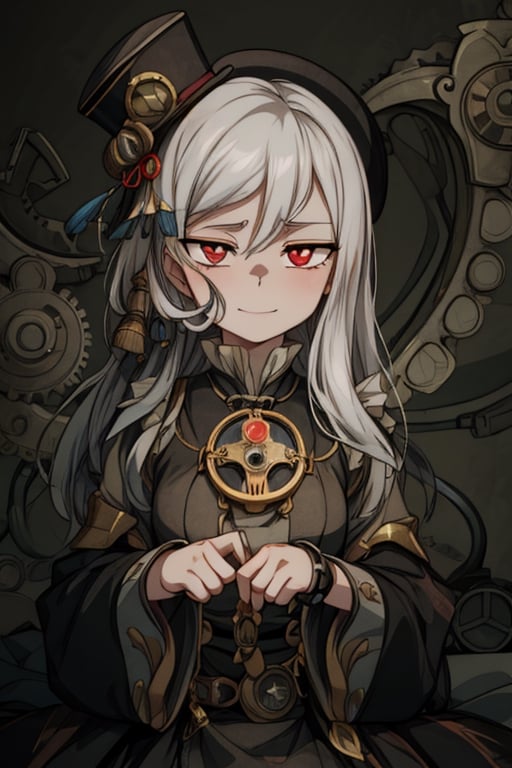 8k resolution, high resolution, masterpiece, intricate details, highly detailed, HD quality, solo, 1girl, loli, Steampunk dress, steampunk hat, top hat, black and gold clothing colors, gears in the background, dark background, white hair, long smooth hair, red eyes, pale skin, thin smile, thoughtful expression, thoughtful look, monocle on the right eye, looking at viewer, rich colors, vibrant colors, detailed eyes, super detailed, extremely beautiful graphics, super detailed skin, best quality, highest quality, high detail, masterpiece, detailed skin, perfect anatomy, perfect body, perfect hands, perfect fingers, complex details, reflective hair, textured hair, best quality, super detailed, complex details, high resolution,  

,A Traditional Japanese Art,Kakure Eria,ARTby Noise,Landidzu,HarryDraws,Shadbase ,Shadman,Glitching,Star vs. the Forces of Evil ,In the style of gravityfalls,Solo Levelling,I’ve Been Killing Slimes for 300 Years,kobayashi-san chi no maid dragon ,Oerlord,illya,tensura,the legend of korra