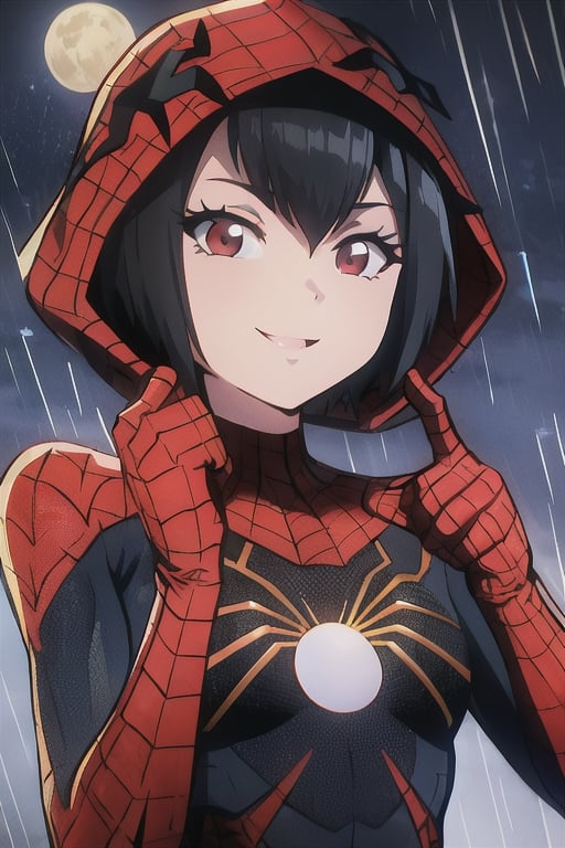 8k resolution, high resolution, masterpiece, intricate details, highly detailed, HD quality, solo, loli, short stature, little girls, only girls, dark background, rain, scarlet moon, crimson moon, moon, moon on the background, science fiction, science fiction city, red neon, blood red neon, burgundy red neon,

Peni Parker.red eyes.shining scarlet eyes.shining eyes.black hair.short haircut.slim build.teenage girl.Spiderman.Marvel.superhero.young woman.slim build.the red web.tight-fitting suit.black and red clothes.black spider print on the chest.black spider emblem.spider print.black print.hood.stretched hood.cheked smile.funny expression.fighting pose,

focus on the whole body, the whole body in the frame, the body is completely in the frame, the body does not leave the frame, detailed hands, detailed fingers, perfect body, perfect anatomy, wet bodies, rich colors, vibrant colors, detailed eyes, super detailed, extremely beautiful graphics, super detailed skin, best quality, highest quality, high detail, masterpiece, detailed skin, perfect anatomy, perfect body, perfect hands, perfect fingers, complex details, reflective hair, textured hair, best quality,super detailed,complex details, high resolution,

,Overlord
