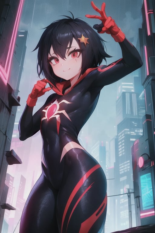 8k resolution, high resolution, masterpiece, intricate details, highly detailed, HD quality, solo, loli, short stature, little girls, only girls, dark background, rain, scarlet moon, crimson moon, moon, moon on the background, science fiction, science fiction city, red neon, blood red neon, burgundy red neon,

Peni Parker.red eyes.shining scarlet eyes.shining eyes.black hair.short haircut.slim build.teenage girl.Spiderman.Marvel.superhero.young woman.slim build.the red web.tight-fitting suit.black and red clothes.black spider print on the chest.black spider emblem.spider print.black print.hood.stretched hood.cheked smile.funny expression.fighting pose,

focus on the whole body, the whole body in the frame, the body is completely in the frame, the body does not leave the frame, detailed hands, detailed fingers, perfect body, perfect anatomy, wet bodies, rich colors, vibrant colors, detailed eyes, super detailed, extremely beautiful graphics, super detailed skin, best quality, highest quality, high detail, masterpiece, detailed skin, perfect anatomy, perfect body, perfect hands, perfect fingers, complex details, reflective hair, textured hair, best quality,super detailed,complex details, high resolution,

,AGGA_ST011,ChronoTemp ,illya,Star vs. the Forces of Evil ,Captain kirb,jtveemo,JCM2,Mrploxykun,Gerph ,Jago,Overlord,Artist,penini,C7b3rp0nkStyle,High detailed 