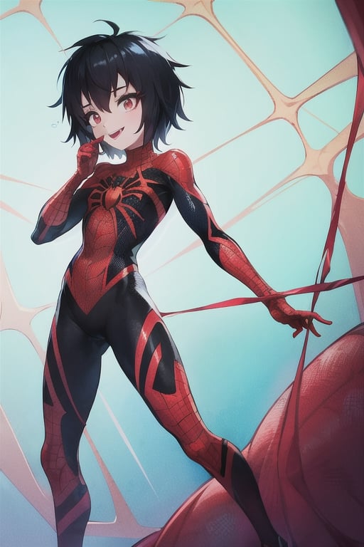 8k resolution, high resolution, masterpiece, intricate details, highly detailed, HD quality, solo, loli, short stature, little girls, only girls, dark background, rain, scarlet moon, crimson moon, moon, moon on the background, science fiction, science fiction city, red neon, blood red neon, burgundy red neon,

Peni Parker.red eyes.shining scarlet eyes.shining eyes.black hair.short haircut.slim build.teenage girl.Spiderman.Marvel.superhero.young woman.slim build.the red web.tight-fitting suit.black and red clothes.black spider print on the chest.black spider emblem.spider print.black print.hood.stretched hood.cheked smile.funny expression.fighting pose,

focus on the whole body, the whole body in the frame, the body is completely in the frame, the body does not leave the frame, detailed hands, detailed fingers, perfect body, perfect anatomy, wet bodies, rich colors, vibrant colors, detailed eyes, super detailed, extremely beautiful graphics, super detailed skin, best quality, highest quality, high detail, masterpiece, detailed skin, perfect anatomy, perfect body, perfect hands, perfect fingers, complex details, reflective hair, textured hair, best quality,super detailed,complex details, high resolution,

,Overlord,neon palette
