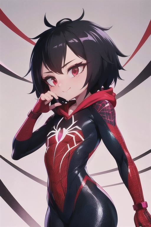 8k resolution, high resolution, masterpiece, intricate details, highly detailed, HD quality, solo, loli, short stature, little girls, only girls, dark background, rain, scarlet moon, crimson moon, moon, moon on the background, science fiction, science fiction city, red neon,

Peni Parker.red eyes.shining scarlet eyes.shining eyes.black hair.short haircut.slim build.teenage girl.Spiderman.Marvel.superhero.young woman.slim build.the red web.tight-fitting suit.black and red clothes.black spider print on the chest.black spider emblem.spider print.black print.hood.stretched hood.cheked smile.funny expression.fighting pose,

focus on the whole body, the whole body in the frame, the body is completely in the frame, the body does not leave the frame, detailed hands, detailed fingers, perfect body, perfect anatomy, wet bodies, rich colors, vibrant colors, detailed eyes, super detailed, extremely beautiful graphics, super detailed skin, best quality, highest quality, high detail, masterpiece, detailed skin, perfect anatomy, perfect body, perfect hands, perfect fingers, complex details, reflective hair, textured hair, best quality,super detailed,complex details, high resolution,

,AGGA_ST011,ChronoTemp ,illya,Star vs. the Forces of Evil ,Captain kirb,jtveemo,JCM2,Mrploxykun,Gerph ,Jago,Overlord,Artist,penini,C7b3rp0nkStyle,High detailed 