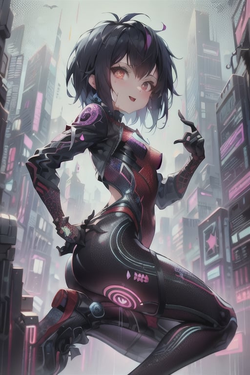 8k resolution, high resolution, masterpiece, intricate details, highly detailed, HD quality, solo, loli, short stature, little girls, only girls, dark background, rain, scarlet moon, crimson moon, moon, moon on the background, science fiction, science fiction city, red neon, blood red neon, burgundy red neon,

Peni Parker.red eyes.shining scarlet eyes.shining eyes.black hair.short haircut.slim build.teenage girl.Spiderman.Marvel.superhero.young woman.slim build.the red web.tight-fitting suit.black and red clothes.black spider print on the chest.black spider emblem.spider print.black print.hood.stretched hood.cheked smile.funny expression.fighting pose,

focus on the whole body, the whole body in the frame, the body is completely in the frame, the body does not leave the frame, detailed hands, detailed fingers, perfect body, perfect anatomy, wet bodies, rich colors, vibrant colors, detailed eyes, super detailed, extremely beautiful graphics, super detailed skin, best quality, highest quality, high detail, masterpiece, detailed skin, perfect anatomy, perfect body, perfect hands, perfect fingers, complex details, reflective hair, textured hair, best quality,super detailed,complex details, high resolution,

,AGGA_ST011,ChronoTemp ,illya,Star vs. the Forces of Evil ,Captain kirb,jtveemo,JCM2,Mrploxykun,Gerph ,Jago,Overlord,Artist,penini,C7b3rp0nkStyle,High detailed ,neon palette,perfecteyes,horror,fantasy00d