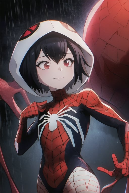 8k resolution, high resolution, masterpiece, intricate details, highly detailed, HD quality, solo, loli, short stature, little girls, only girls, dark background, rain, scarlet moon, crimson moon, moon, moon on the background, science fiction, science fiction city, red neon, blood red neon, burgundy red neon,

Peni Parker.red eyes.shining scarlet eyes.shining eyes.black hair.short haircut.slim build.teenage girl.Spiderman.Marvel.superhero.young woman.slim build.the red web.tight-fitting suit.black and red clothes.black spider print on the chest.black spider emblem.spider print.black print.hood.stretched hood.cheked smile.funny expression.fighting pose,

focus on the whole body, the whole body in the frame, the body is completely in the frame, the body does not leave the frame, detailed hands, detailed fingers, perfect body, perfect anatomy, wet bodies, rich colors, vibrant colors, detailed eyes, super detailed, extremely beautiful graphics, super detailed skin, best quality, highest quality, high detail, masterpiece, detailed skin, perfect anatomy, perfect body, perfect hands, perfect fingers, complex details, reflective hair, textured hair, best quality,super detailed,complex details, high resolution,

,Overlord