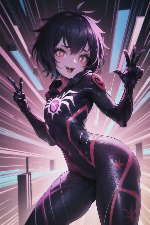 8k resolution, high resolution, masterpiece, intricate details, highly detailed, HD quality, solo, loli, short stature, little girls, only girls, dark background, rain, scarlet moon, crimson moon, moon, moon on the background, science fiction, science fiction city, red neon, blood red neon, burgundy red neon,

Peni Parker.red eyes.shining scarlet eyes.shining eyes.black hair.short haircut.slim build.teenage girl.Spiderman.Marvel.superhero.young woman.slim build.the red web.tight-fitting suit.black and red clothes.black spider print on the chest.black spider emblem.spider print.black print.hood.stretched hood.cheked smile.funny expression.fighting pose,

focus on the whole body, the whole body in the frame, the body is completely in the frame, the body does not leave the frame, detailed hands, detailed fingers, perfect body, perfect anatomy, wet bodies, rich colors, vibrant colors, detailed eyes, super detailed, extremely beautiful graphics, super detailed skin, best quality, highest quality, high detail, masterpiece, detailed skin, perfect anatomy, perfect body, perfect hands, perfect fingers, complex details, reflective hair, textured hair, best quality,super detailed,complex details, high resolution,

,AGGA_ST011,ChronoTemp ,illya,Star vs. the Forces of Evil ,Captain kirb,jtveemo,JCM2,Mrploxykun,Gerph ,Jago,Overlord,Artist,penini,C7b3rp0nkStyle,High detailed ,neon palette