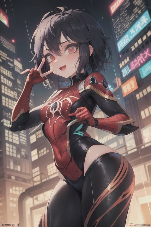 8k resolution, high resolution, masterpiece, intricate details, highly detailed, HD quality, solo, loli, short stature, little girls, only girls, dark background, rain, scarlet moon, crimson moon, moon, moon on the background, science fiction, science fiction city, red neon,

Peni Parker.red eyes.shining scarlet eyes.shining eyes.black hair.short haircut.slim build.teenage girl.Spiderman.Marvel.superhero.young woman.slim build.the red web.tight-fitting suit.black and red clothes.black spider print on the chest.black spider emblem.spider print.black print.hood.stretched hood.cheked smile.funny expression.fighting pose,

focus on the whole body, the whole body in the frame, the body is completely in the frame, the body does not leave the frame, detailed hands, detailed fingers, perfect body, perfect anatomy, wet bodies, rich colors, vibrant colors, detailed eyes, super detailed, extremely beautiful graphics, super detailed skin, best quality, highest quality, high detail, masterpiece, detailed skin, perfect anatomy, perfect body, perfect hands, perfect fingers, complex details, reflective hair, textured hair, best quality,super detailed,complex details, high resolution,

,AGGA_ST011,ChronoTemp ,illya,Star vs. the Forces of Evil ,Captain kirb,jtveemo,JCM2,Mrploxykun,Gerph ,Jago,Overlord,Artist,penini,C7b3rp0nkStyle,High detailed 
