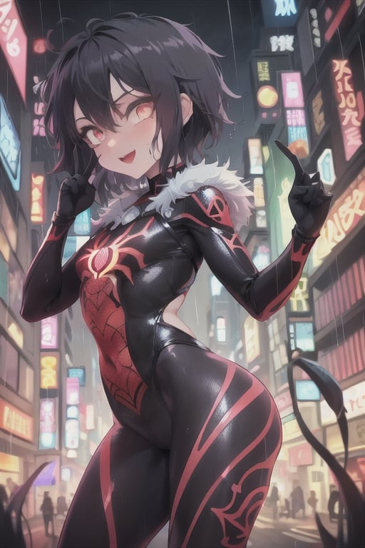 8k resolution, high resolution, masterpiece, intricate details, highly detailed, HD quality, solo, loli, short stature, little girls, only girls, dark background, rain, scarlet moon, crimson moon, moon, moon on the background, science fiction, science fiction city, red neon,

Peni Parker.red eyes.shining scarlet eyes.shining eyes.black hair.short haircut.slim build.teenage girl.Spiderman.Marvel.superhero.young woman.slim build.the red web.tight-fitting suit.black and red clothes.black spider print on the chest.black spider emblem.spider print.black print.hood.stretched hood.cheked smile.funny expression.fighting pose,

focus on the whole body, the whole body in the frame, the body is completely in the frame, the body does not leave the frame, detailed hands, detailed fingers, perfect body, perfect anatomy, wet bodies, rich colors, vibrant colors, detailed eyes, super detailed, extremely beautiful graphics, super detailed skin, best quality, highest quality, high detail, masterpiece, detailed skin, perfect anatomy, perfect body, perfect hands, perfect fingers, complex details, reflective hair, textured hair, best quality,super detailed,complex details, high resolution,

,AGGA_ST011,ChronoTemp ,illya,Star vs. the Forces of Evil ,Captain kirb,jtveemo,JCM2,Mrploxykun,Gerph ,Jago,Overlord,Artist,penini,C7b3rp0nkStyle