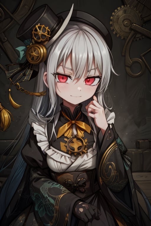 8k resolution, high resolution, masterpiece, intricate details, highly detailed, HD quality, solo, 1girl, loli, Steampunk dress, steampunk hat, top hat, black and gold clothing colors, gears in the background, dark background, white hair, long smooth hair, red eyes, pale skin, thin smile, thoughtful expression, thoughtful look, monocle on the right eye, looking at viewer, rich colors, vibrant colors, detailed eyes, super detailed, extremely beautiful graphics, super detailed skin, best quality, highest quality, high detail, masterpiece, detailed skin, perfect anatomy, perfect body, perfect hands, perfect fingers, complex details, reflective hair, textured hair, best quality, super detailed, complex details, high resolution,  

,A Traditional Japanese Art,Kakure Eria,ARTby Noise,Landidzu,HarryDraws,Shadbase ,Shadman,Glitching,Star vs. the Forces of Evil ,In the style of gravityfalls,Solo Levelling,I’ve Been Killing Slimes for 300 Years,kobayashi-san chi no maid dragon ,Oerlord,illya,tensura,the legend of korra,arcane style,wzrokudostyle
