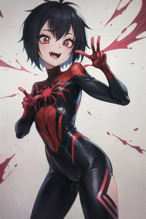 8k resolution, high resolution, masterpiece, intricate details, highly detailed, HD quality, solo, loli, short stature, little girls, only girls, dark background, rain, scarlet moon, crimson moon, moon, moon on the background, science fiction, science fiction city, red neon, blood red neon, burgundy red neon,

Peni Parker.red eyes.shining scarlet eyes.shining eyes.black hair.short haircut.slim build.teenage girl.Spiderman.Marvel.superhero.young woman.slim build.the red web.tight-fitting suit.black and red clothes.black spider print on the chest.black spider emblem.spider print.black print.hood.stretched hood.cheked smile.funny expression.fighting pose,

focus on the whole body, the whole body in the frame, the body is completely in the frame, the body does not leave the frame, detailed hands, detailed fingers, perfect body, perfect anatomy, wet bodies, rich colors, vibrant colors, detailed eyes, super detailed, extremely beautiful graphics, super detailed skin, best quality, highest quality, high detail, masterpiece, detailed skin, perfect anatomy, perfect body, perfect hands, perfect fingers, complex details, reflective hair, textured hair, best quality,super detailed,complex details, high resolution,

,Overlord,neon palette