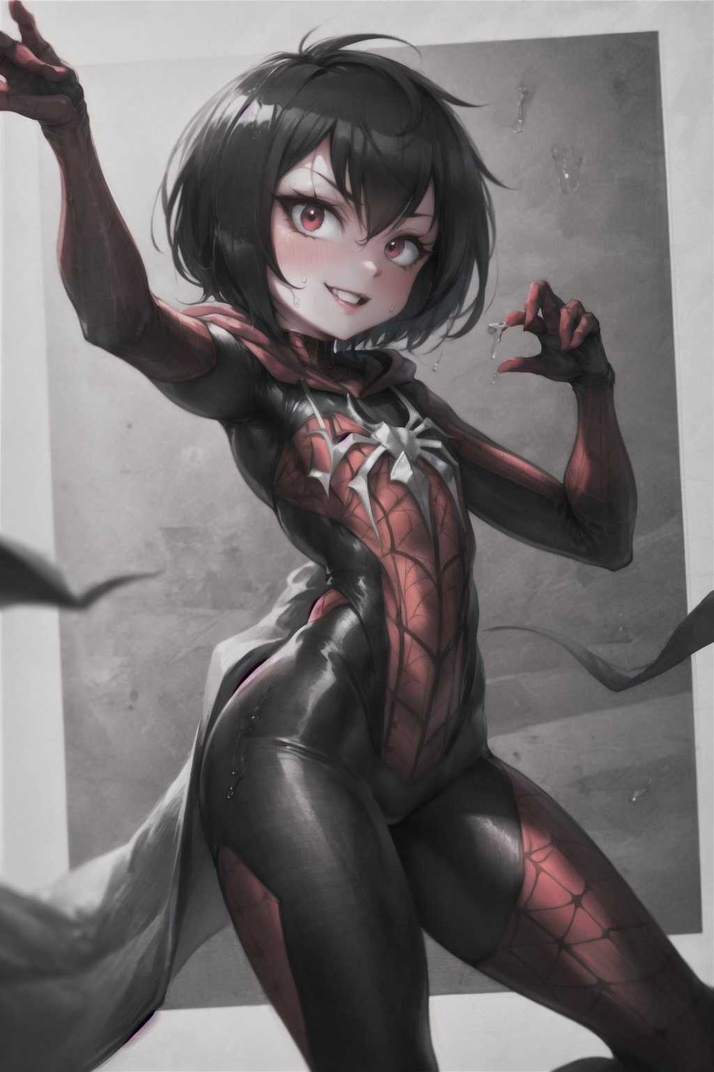 8k resolution, high resolution, masterpiece, intricate details, highly detailed, HD quality, solo, loli, short stature, little girls, only girls, dark background, rain, scarlet moon, crimson moon, moon, moon on the background, science fiction, science fiction city, red neon, blood red neon, burgundy red neon,

Peni Parker.red eyes.shining scarlet eyes.shining eyes.black hair.short haircut.slim build.teenage girl.Spiderman.Marvel.superhero.young woman.slim build.the red web.tight-fitting suit.black and red clothes.black spider print on the chest.black spider emblem.spider print.black print.hood.stretched hood.cheked smile.funny expression.fighting pose,

focus on the whole body, the whole body in the frame, the body is completely in the frame, the body does not leave the frame, detailed hands, detailed fingers, perfect body, perfect anatomy, wet bodies, rich colors, vibrant colors, detailed eyes, super detailed, extremely beautiful graphics, super detailed skin, best quality, highest quality, high detail, masterpiece, detailed skin, perfect anatomy, perfect body, perfect hands, perfect fingers, complex details, reflective hair, textured hair, best quality,super detailed,complex details, high resolution,

,AGGA_ST011,ChronoTemp ,illya,Star vs. the Forces of Evil ,Captain kirb,jtveemo,JCM2,Mrploxykun,Gerph ,Jago,Overlord,Artist,penini,C7b3rp0nkStyle,High detailed ,neon palette,perfecteyes,horror,fantasy00d