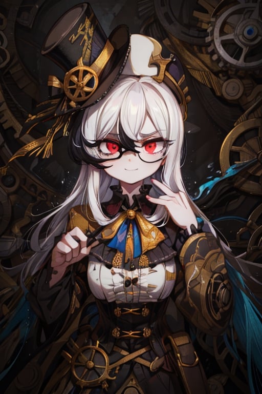 8k resolution, high resolution, masterpiece, intricate details, highly detailed, HD quality, solo, 1girl, loli, Steampunk dress, steampunk hat, top hat, black and gold clothing colors, gears in the background, dark background, white hair, long smooth hair, red eyes, pale skin, thin smile, thoughtful expression, thoughtful look, monocle on the right eye, looking at viewer, rich colors, vibrant colors, detailed eyes, super detailed, extremely beautiful graphics, super detailed skin, best quality, highest quality, high detail, masterpiece, detailed skin, perfect anatomy, perfect body, perfect hands, perfect fingers, complex details, reflective hair, textured hair, best quality, super detailed, complex details, high resolution,  

,A Traditional Japanese Art,Kakure Eria,ARTby Noise,Landidzu,HarryDraws,Shadbase ,Shadman,Glitching