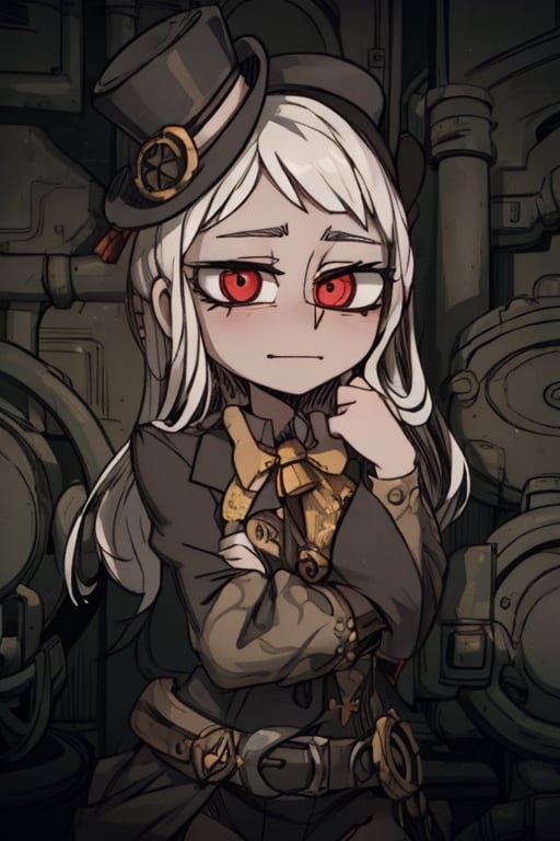 8k resolution, high resolution, masterpiece, intricate details, highly detailed, HD quality, solo, 1girl, loli, Steampunk dress, steampunk hat, top hat, black and gold clothing colors, gears in the background, dark background, white hair, long smooth hair, red eyes, pale skin, thin smile, thoughtful expression, thoughtful look, monocle on the right eye, looking at viewer, rich colors, vibrant colors, detailed eyes, super detailed, extremely beautiful graphics, super detailed skin, best quality, highest quality, high detail, masterpiece, detailed skin, perfect anatomy, perfect body, perfect hands, perfect fingers, complex details, reflective hair, textured hair, best quality, super detailed, complex details, high resolution,  

,A Traditional Japanese Art,Kakure Eria,ARTby Noise,Landidzu,HarryDraws,Shadbase ,Shadman,Glitching,Star vs. the Forces of Evil ,In the style of gravityfalls