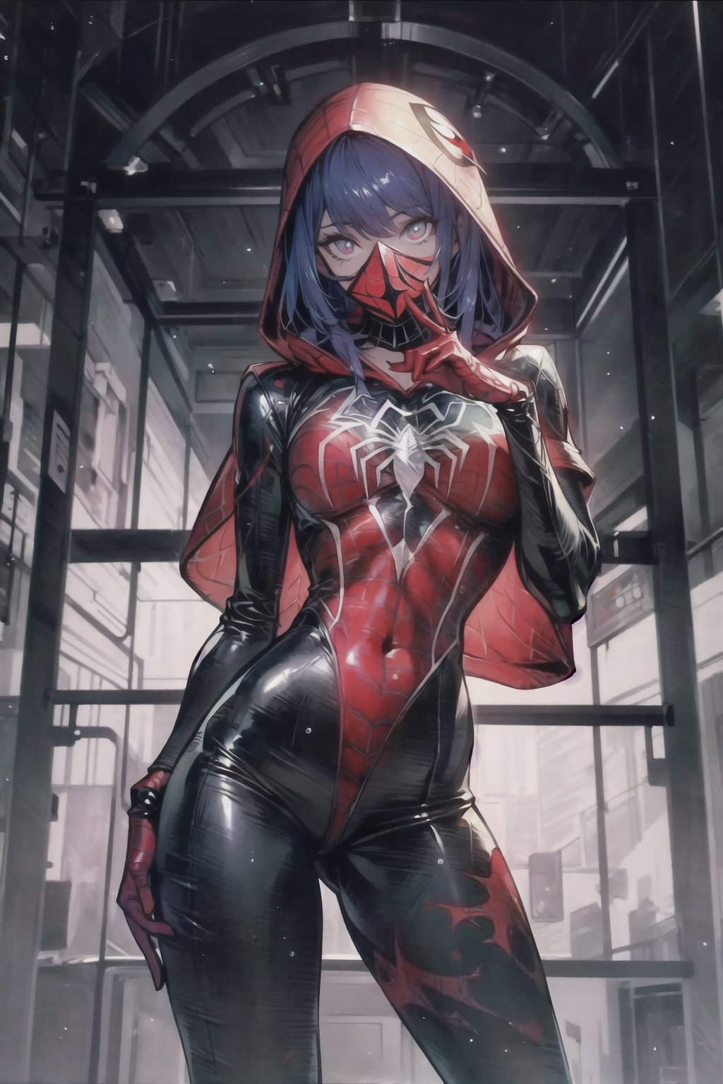 8k resolution, high resolution, masterpiece, intricate details, highly detailed, HD quality, solo, loli, short stature, little girls, only girls, dark background, rain, scarlet moon, crimson moon, moon, moon on the background, science fiction, science fiction city, red neon, blood red neon, burgundy red neon,

Black spider-man mask.red lenses.shining scarlet lenses.shiny lenses.slim build.a teenage girl. Spider-Man. Miracle.a superhero.slim build.the red web.tight-fitting suit.black and red clothes.red spider print on the chest.the emblem of the red spider.spider print.red print.hood.stretched hood.a smile in a cage.fighting pose.spider pose.superhero pose,

focus on the whole body, the whole body in the frame, the body is completely in the frame, the body does not leave the frame, detailed hands, detailed fingers, perfect body, perfect anatomy, wet bodies, rich colors, vibrant colors, detailed eyes, super detailed, extremely beautiful graphics, super detailed skin, best quality, highest quality, high detail, masterpiece, detailed skin, perfect anatomy, perfect body, perfect hands, perfect fingers, complex details, reflective hair, textured hair, best quality,super detailed,complex details, high resolution,

,Overlord,neon palette,JCM2,midjourney,horror,War of the Visions  