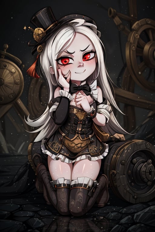 8k resolution, high resolution, masterpiece, intricate details, highly detailed, HD quality, solo, 1girl, loli, Steampunk dress, steampunk hat, top hat, black and gold clothing colors, gears in the background, dark background, white hair, long smooth hair, red eyes, pale skin, thin smile, thoughtful expression, thoughtful look, monocle on the right eye, looking at viewer, rich colors, vibrant colors, detailed eyes, super detailed, extremely beautiful graphics, super detailed skin, best quality, highest quality, high detail, masterpiece, detailed skin, perfect anatomy, perfect body, perfect hands, perfect fingers, complex details, reflective hair, textured hair, best quality, super detailed, complex details, high resolution,  

,A Traditional Japanese Art,Kakure Eria,ARTby Noise,Landidzu,HarryDraws,Shadbase ,Shadman,Glitching,Star vs. the Forces of Evil ,In the style of gravityfalls,Solo Levelling,I’ve Been Killing Slimes for 300 Years,kobayashi-san chi no maid dragon ,Oerlord,illya,tensura,the legend of korra,arcane style,wzrokudostyle,USA