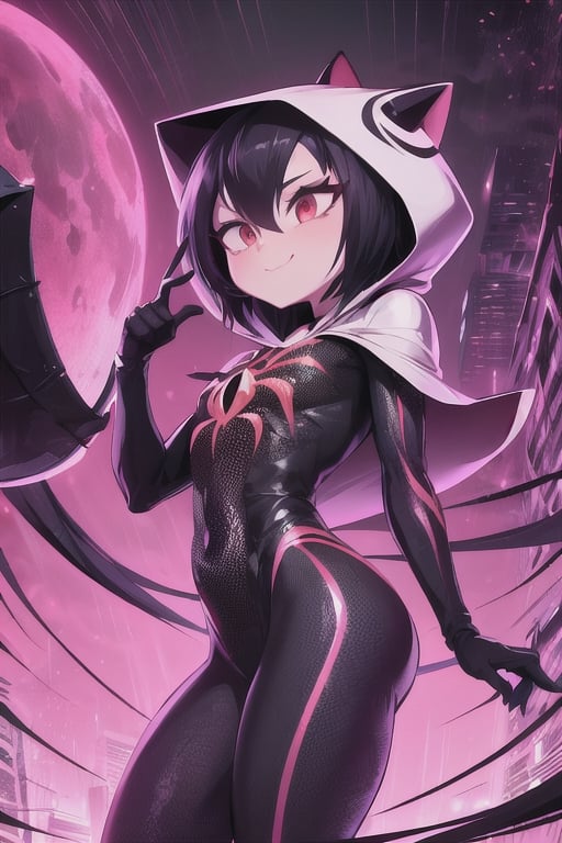 8k resolution, high resolution, masterpiece, intricate details, highly detailed, HD quality, solo, loli, short stature, little girls, only girls, dark background, rain, scarlet moon, crimson moon, moon, moon on the background, science fiction, science fiction city, red neon, blood red neon, burgundy red neon,

Peni Parker.red eyes.shining scarlet eyes.shining eyes.black hair.short haircut.slim build.teenage girl.Spiderman.Marvel.superhero.young woman.slim build.the red web.tight-fitting suit.black and red clothes.black spider print on the chest.black spider emblem.spider print.black print.hood.stretched hood.cheked smile.funny expression.fighting pose,

focus on the whole body, the whole body in the frame, the body is completely in the frame, the body does not leave the frame, detailed hands, detailed fingers, perfect body, perfect anatomy, wet bodies, rich colors, vibrant colors, detailed eyes, super detailed, extremely beautiful graphics, super detailed skin, best quality, highest quality, high detail, masterpiece, detailed skin, perfect anatomy, perfect body, perfect hands, perfect fingers, complex details, reflective hair, textured hair, best quality,super detailed,complex details, high resolution,

,AGGA_ST011,ChronoTemp ,illya,Star vs. the Forces of Evil ,Captain kirb,jtveemo,JCM2,Mrploxykun,Gerph ,Jago,Overlord,Artist,penini,C7b3rp0nkStyle,High detailed 