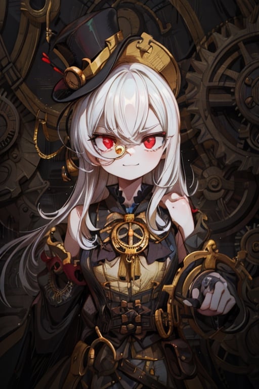 8k resolution, high resolution, masterpiece, intricate details, highly detailed, HD quality, solo, 1girl, loli, Steampunk dress, steampunk hat, top hat, black and gold clothing colors, gears in the background, dark background, white hair, long smooth hair, red eyes, pale skin, thin smile, thoughtful expression, thoughtful look, monocle on the right eye, looking at viewer, rich colors, vibrant colors, detailed eyes, super detailed, extremely beautiful graphics, super detailed skin, best quality, highest quality, high detail, masterpiece, detailed skin, perfect anatomy, perfect body, perfect hands, perfect fingers, complex details, reflective hair, textured hair, best quality, super detailed, complex details, high resolution,  

,A Traditional Japanese Art,Kakure Eria,ARTby Noise,Landidzu,HarryDraws,Shadbase ,Shadman,Glitching
