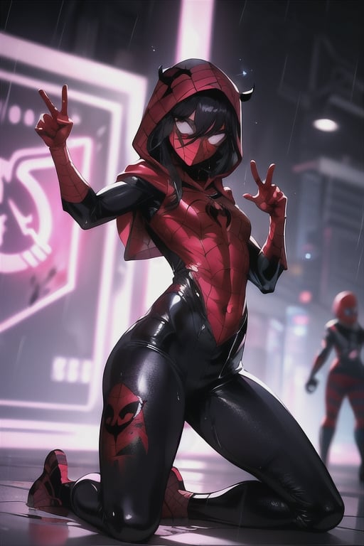 8k resolution, high resolution, masterpiece, intricate details, highly detailed, HD quality, solo, loli, short stature, little girls, only girls, dark background, rain, scarlet moon, crimson moon, moon, moon on the background, science fiction, science fiction city, red neon, blood red neon, burgundy red neon,

Black spider-man mask.red lenses.shining scarlet lenses.shiny lenses.slim build.teenage girl. Spider-Man.Miracle.a superhero.slim build.the red web.tight-fitting suit.black and red clothes.red spider print on the chest.the emblem of the red spider.spider print.red print.hood.stretched hood.fighting pose.spider pose.superhero pose,

focus on the whole body, the whole body in the frame, the body is completely in the frame, the body does not leave the frame, detailed hands, detailed fingers, perfect body, perfect anatomy, wet bodies, rich colors, vibrant colors, detailed eyes, super detailed, extremely beautiful graphics, super detailed skin, best quality, highest quality, high detail, masterpiece, detailed skin, perfect anatomy, perfect body, perfect hands, perfect fingers, complex details, reflective hair, textured hair, best quality,super detailed,complex details, high resolution,

,Overlord,neon palette,JCM2,midjourney,horror,War of the Visions  ,Artist