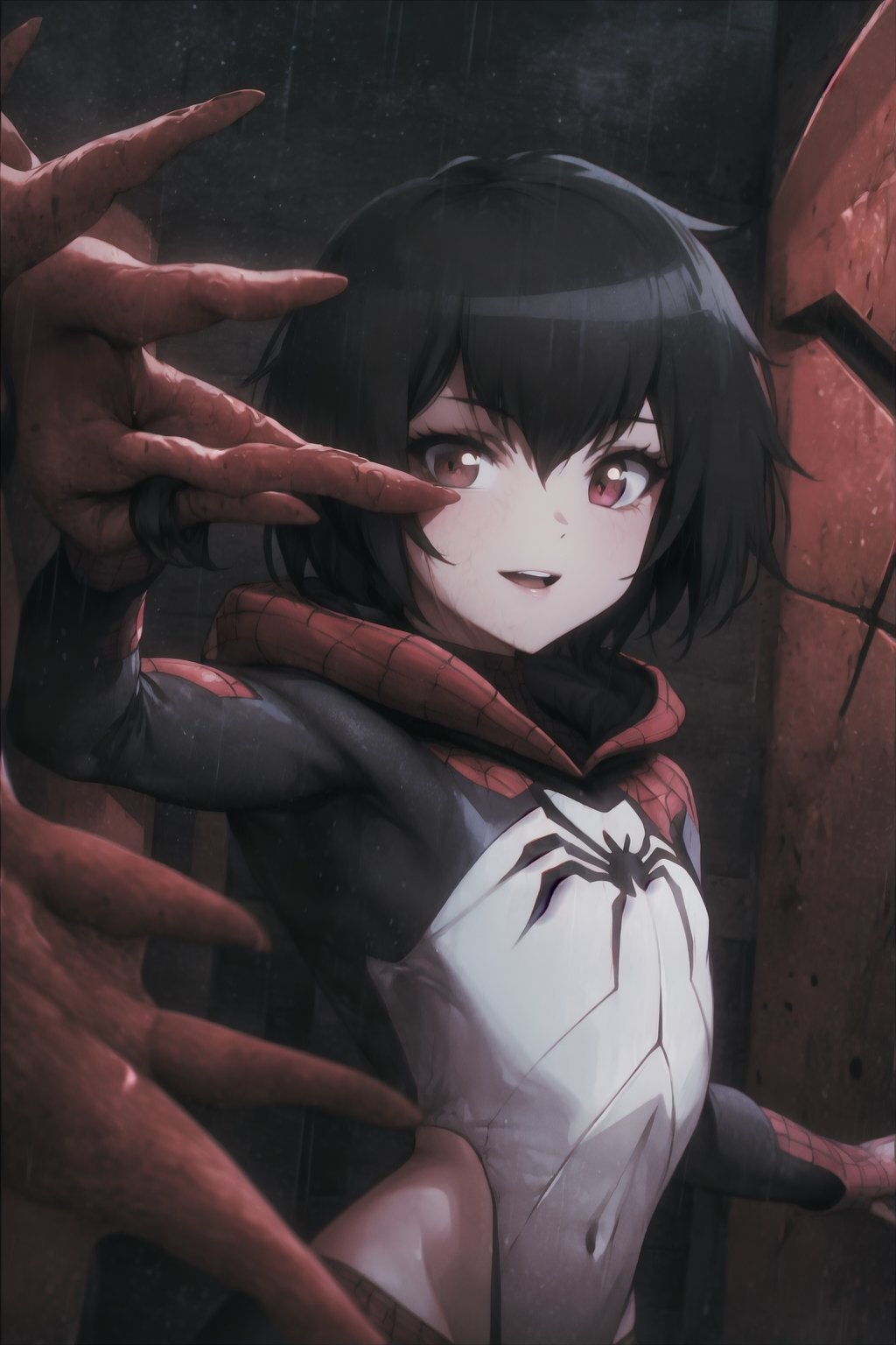 8k resolution, high resolution, masterpiece, intricate details, highly detailed, HD quality, solo, loli, short stature, little girls, only girls, dark background, rain, scarlet moon, crimson moon, moon, moon on the background, science fiction, science fiction city, red neon, blood red neon, burgundy red neon,

Peni Parker.red eyes.shining scarlet eyes.shining eyes.black hair.short haircut.slim build.teenage girl.Spiderman.Marvel.superhero.young woman.slim build.the red web.tight-fitting suit.black and red clothes.black spider print on the chest.black spider emblem.spider print.black print.hood.stretched hood.cheked smile.funny expression.fighting pose,

focus on the whole body, the whole body in the frame, the body is completely in the frame, the body does not leave the frame, detailed hands, detailed fingers, perfect body, perfect anatomy, wet bodies, rich colors, vibrant colors, detailed eyes, super detailed, extremely beautiful graphics, super detailed skin, best quality, highest quality, high detail, masterpiece, detailed skin, perfect anatomy, perfect body, perfect hands, perfect fingers, complex details, reflective hair, textured hair, best quality,super detailed,complex details, high resolution,

,AGGA_ST011,ChronoTemp ,illya,Star vs. the Forces of Evil ,Captain kirb,jtveemo,JCM2,Mrploxykun,Gerph ,Jago,Overlord,Artist,penini,C7b3rp0nkStyle,High detailed ,neon palette,perfecteyes,horror,fantasy00d